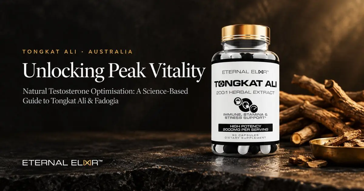 Unlocking Peak Vitality: Natural Testosterone Optimisation: A Science-Based Guide to Tongkat Ali & Fadogia – Eternal Elixir Tongkat Ali 200:1 Extract 2000mg bottle
