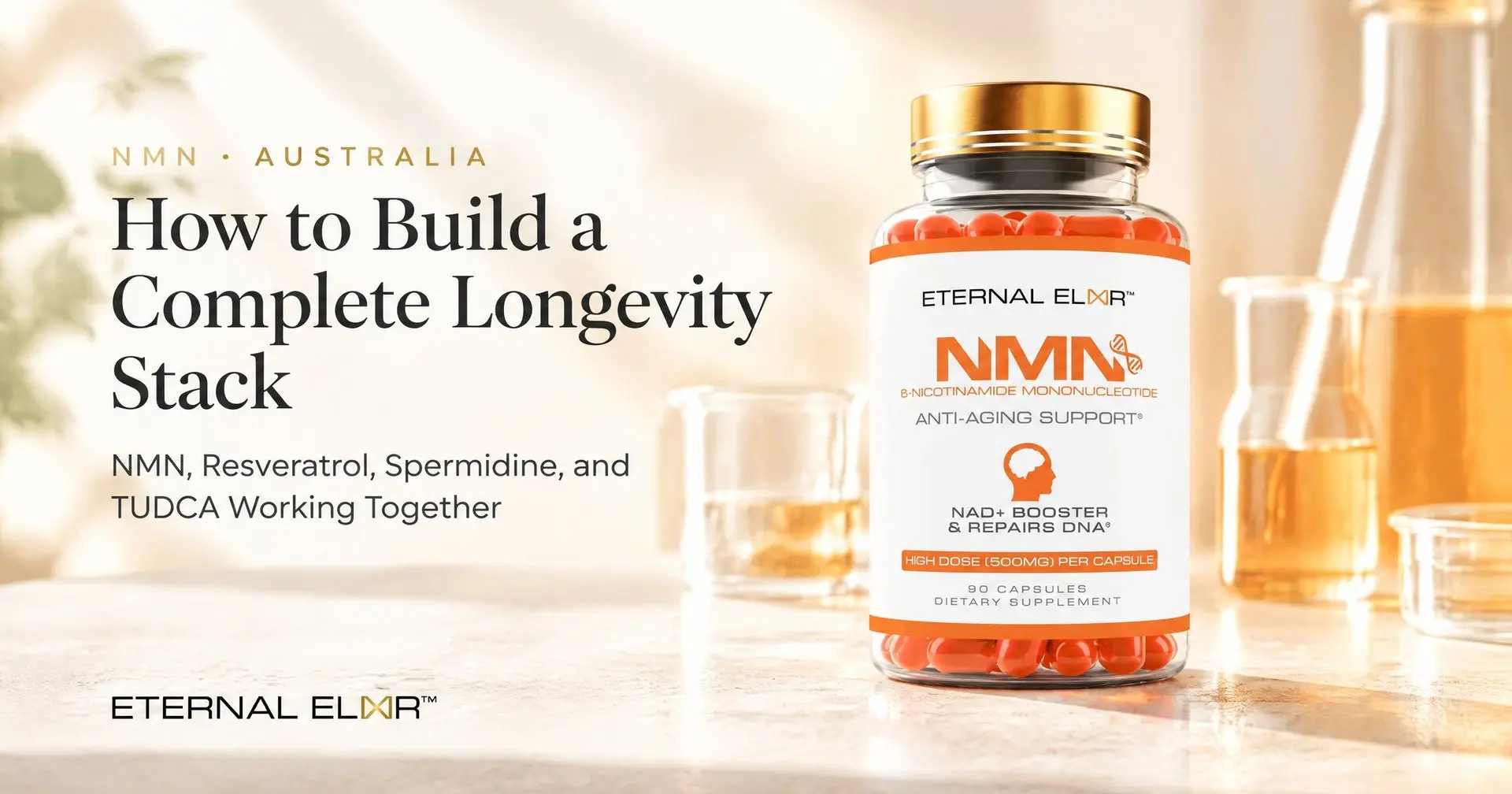 How to Build a Complete Longevity Stack: NMN, Resveratrol, Spermidine, and TUDCA Working Together – Eternal Elixir NMN 500mg bottle