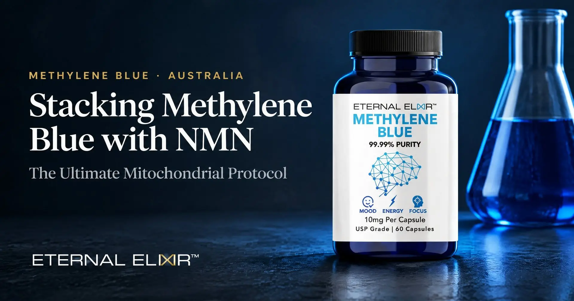 Stacking Methylene Blue with NMN: The Ultimate Mitochondrial Protocol – Eternal Elixir Methylene Blue Capsules 10mg USP bottle