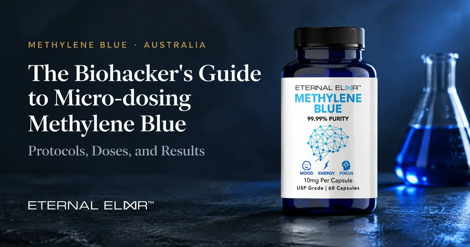 The Biohacker's Guide to Micro-dosing Methylene Blue: Protocols, Doses, and Results – Eternal Elixir Methylene Blue Capsules 10mg USP bottle