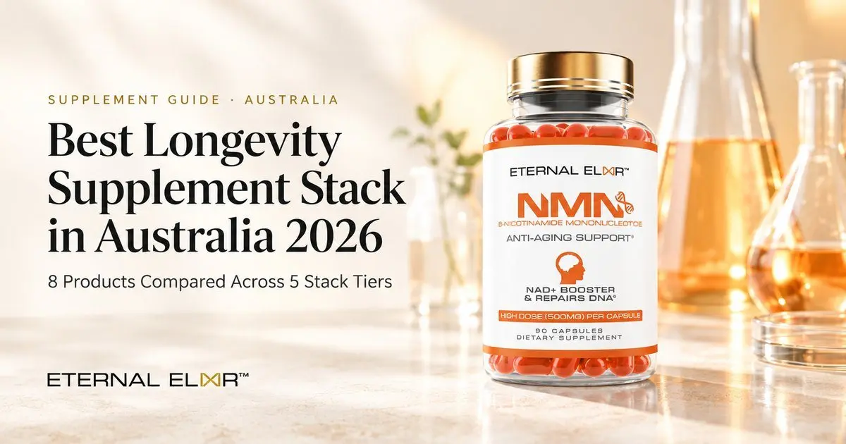 Best Longevity Supplement Stack in Australia 2026: 8 Products Compared Across 5 Stack Tiers – Eternal Elixir NMN 500mg bottle