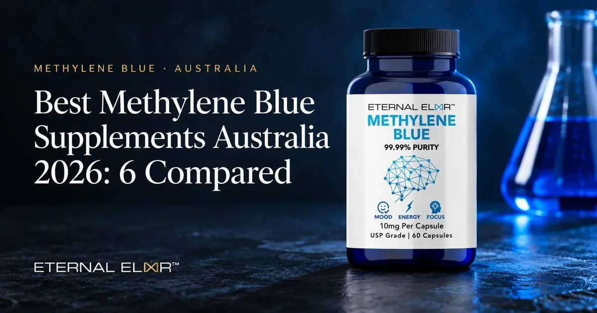 Best Methylene Blue Supplements Australia 2026: 6 Compared – Eternal Elixir Methylene Blue Capsules 10mg USP bottle