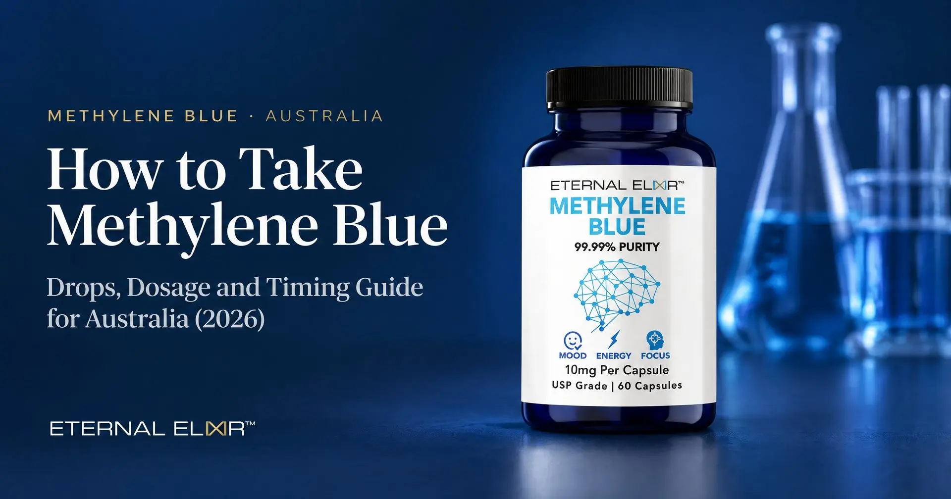How to Take Methylene Blue: Drops, Dosage and Timing Guide for Australia (2026) – Eternal Elixir Methylene Blue Capsules 10mg USP bottle