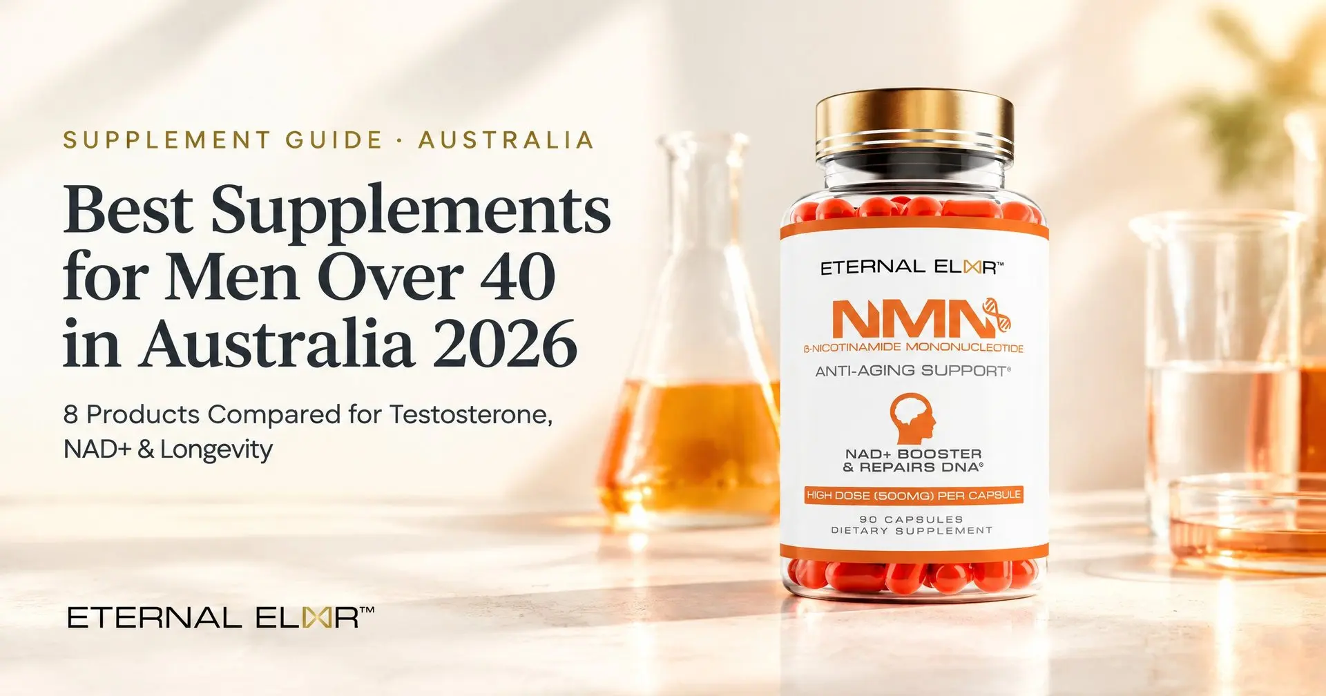 Best Supplements for Men Over 40 in Australia 2026: 8 Products Compared for Testosterone, NAD+ & Longevity – Eternal Elixir NMN 500mg bottle
