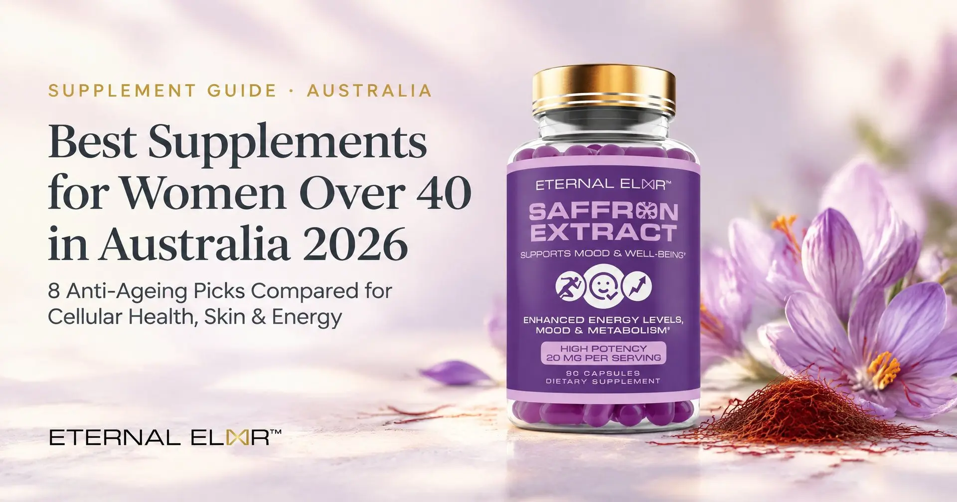 Best Supplements for Women Over 40 in Australia 2026: 8 Anti-Ageing Picks Compared for Cellular Health, Skin & Energy – Eternal Elixir Saffron Extract 30mg bottle
