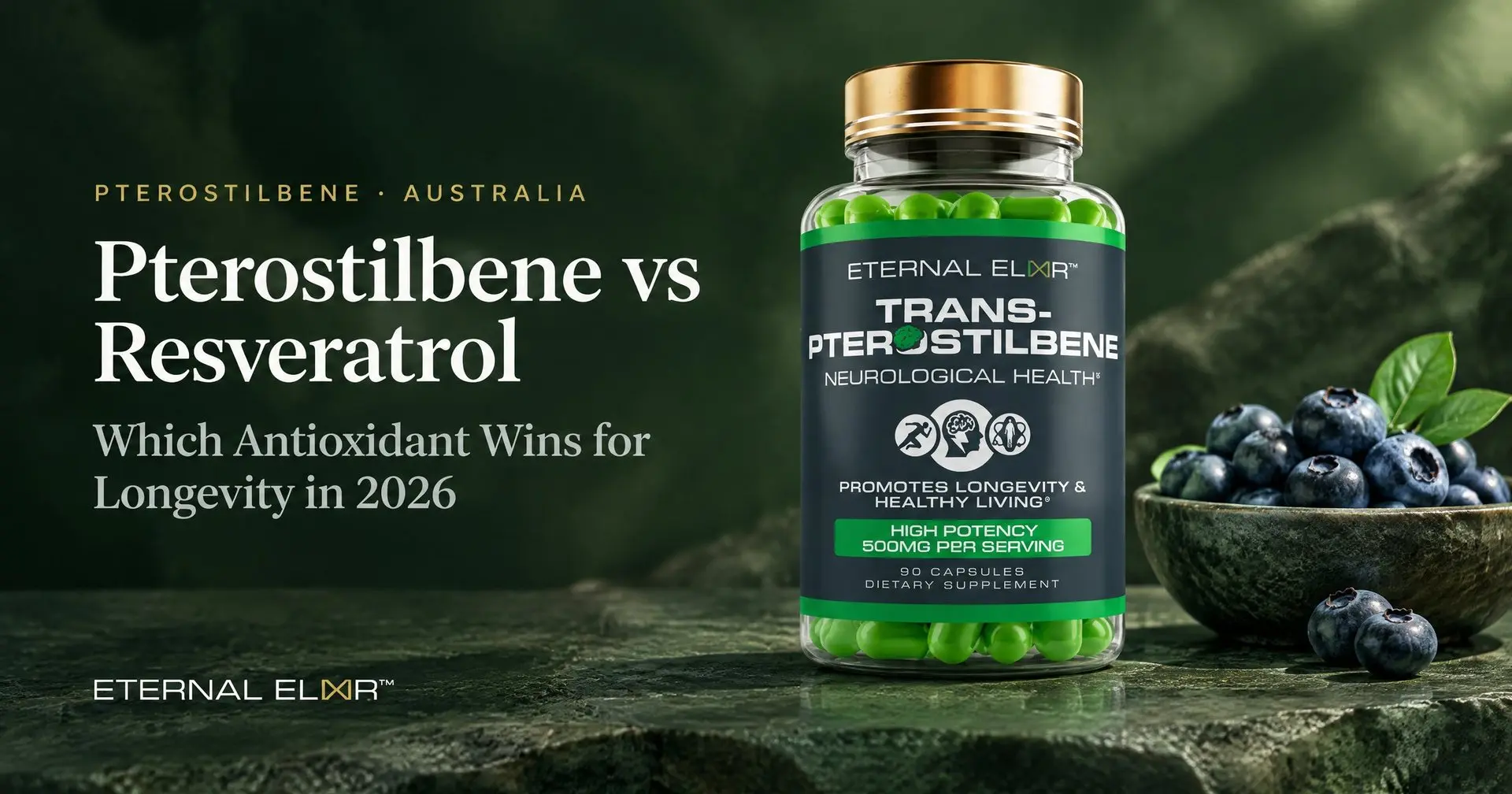 Pterostilbene vs Resveratrol: Which Antioxidant Wins for Longevity in 2026 – Eternal Elixir Trans-Pterostilbene 500mg bottle