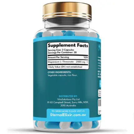 Magnesium L-Threonate supplement facts: 2000 mg per 3 capsules, 30 servings per bottle