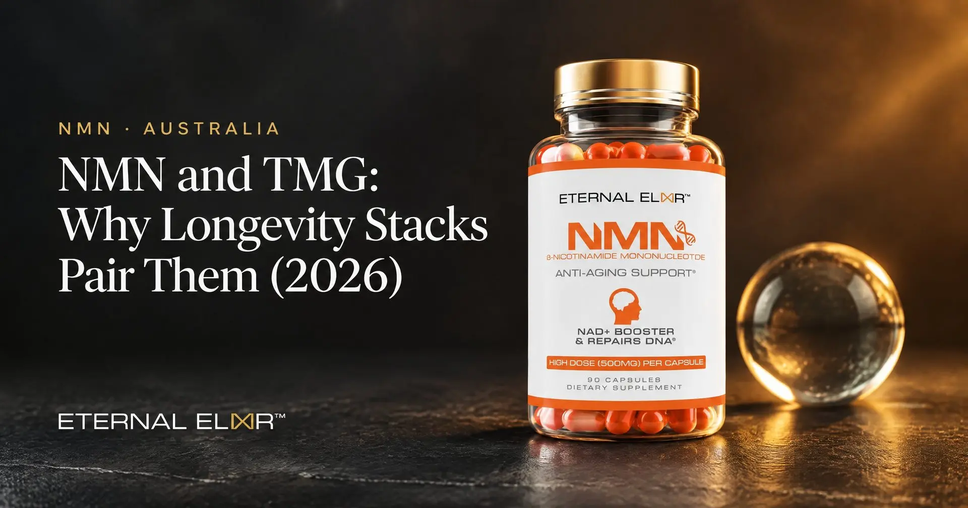 NMN and TMG: Why Longevity Stacks Pair Them (2026) – Eternal Elixir NMN 500mg bottle