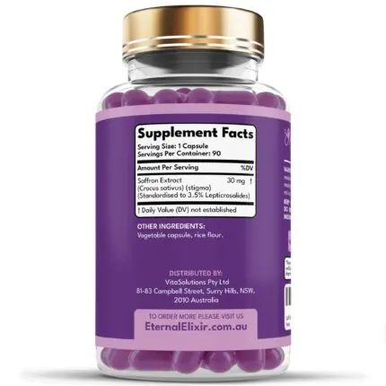 Saffron Extract supplement facts: 30 mg Crocus sativus stigma extract standardised to 3.5% Lepticrosalides per capsule, 90 servings