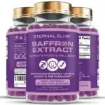 Three bottles of Eternal Elixir Saffron Extract showing front, supplement facts and directions