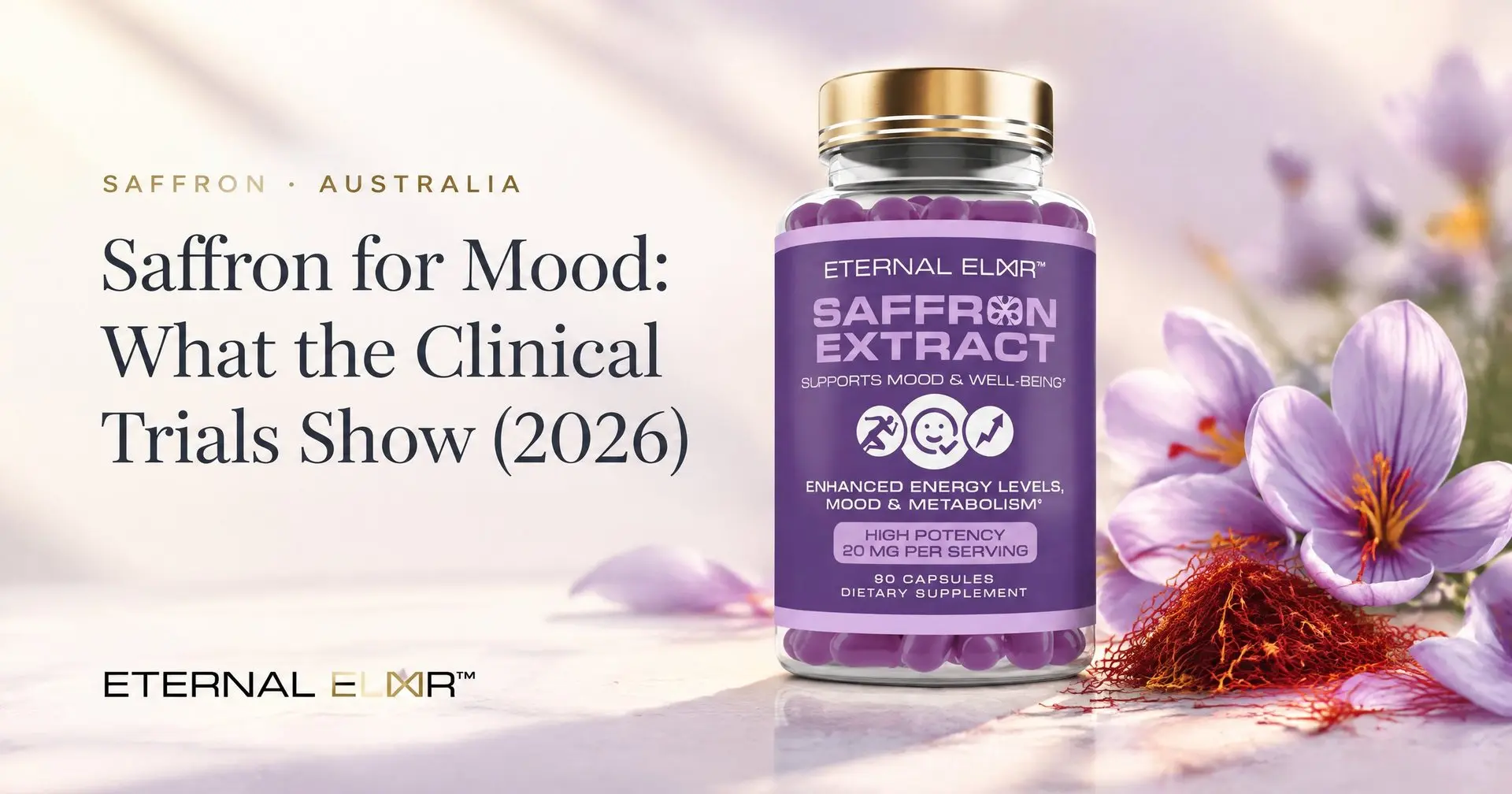 Saffron for Mood: What the Clinical Trials Show (2026) – Eternal Elixir Saffron Extract 30mg bottle