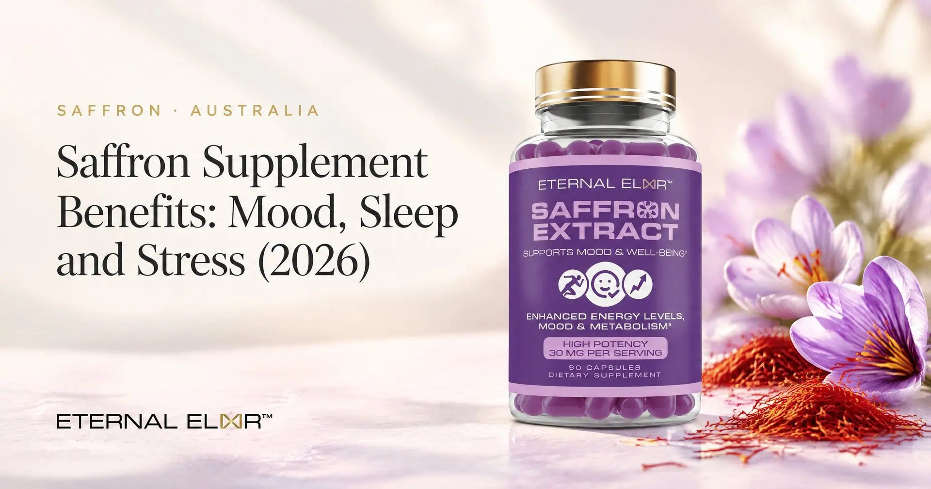 Saffron Supplement Benefits: Mood, Sleep and Stress (2026) – Eternal Elixir Saffron Extract 30mg bottle