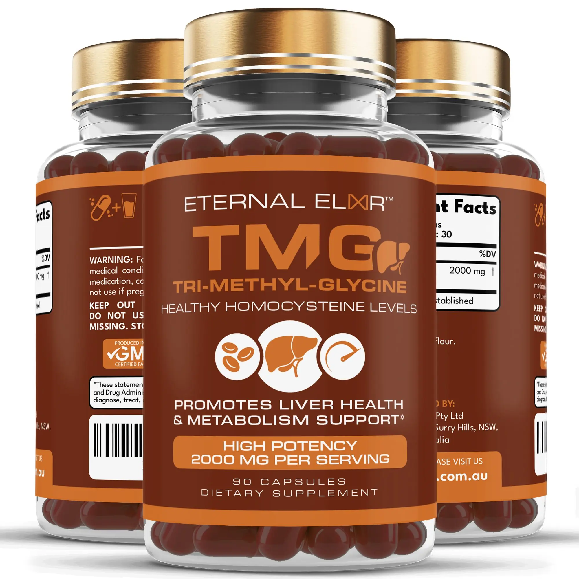 Three bottles of Eternal Elixir TMG showing front, supplement facts and directions