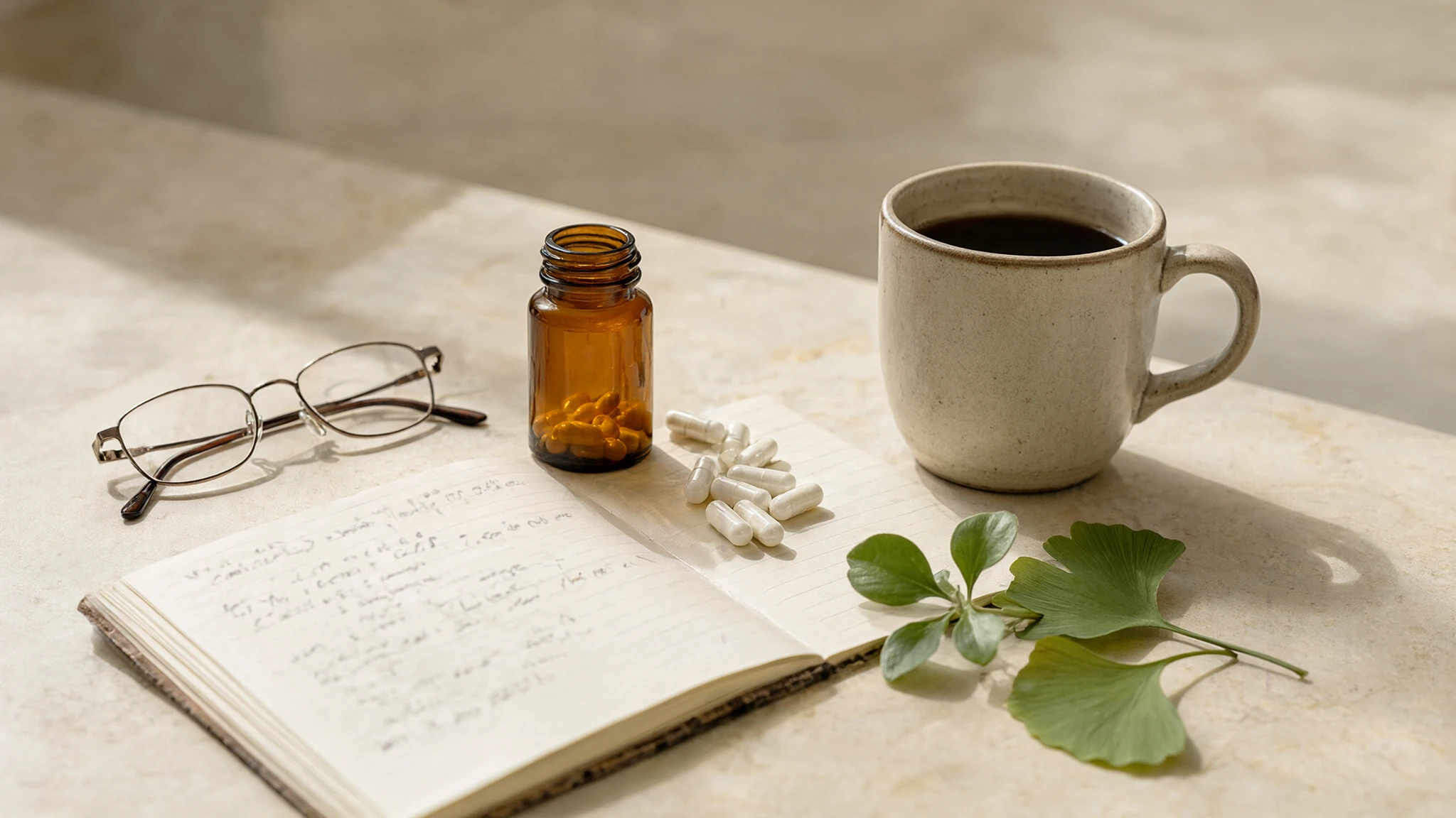 Best memory supplements Australia: capsules, ginkgo and bacopa leaves beside a notebook