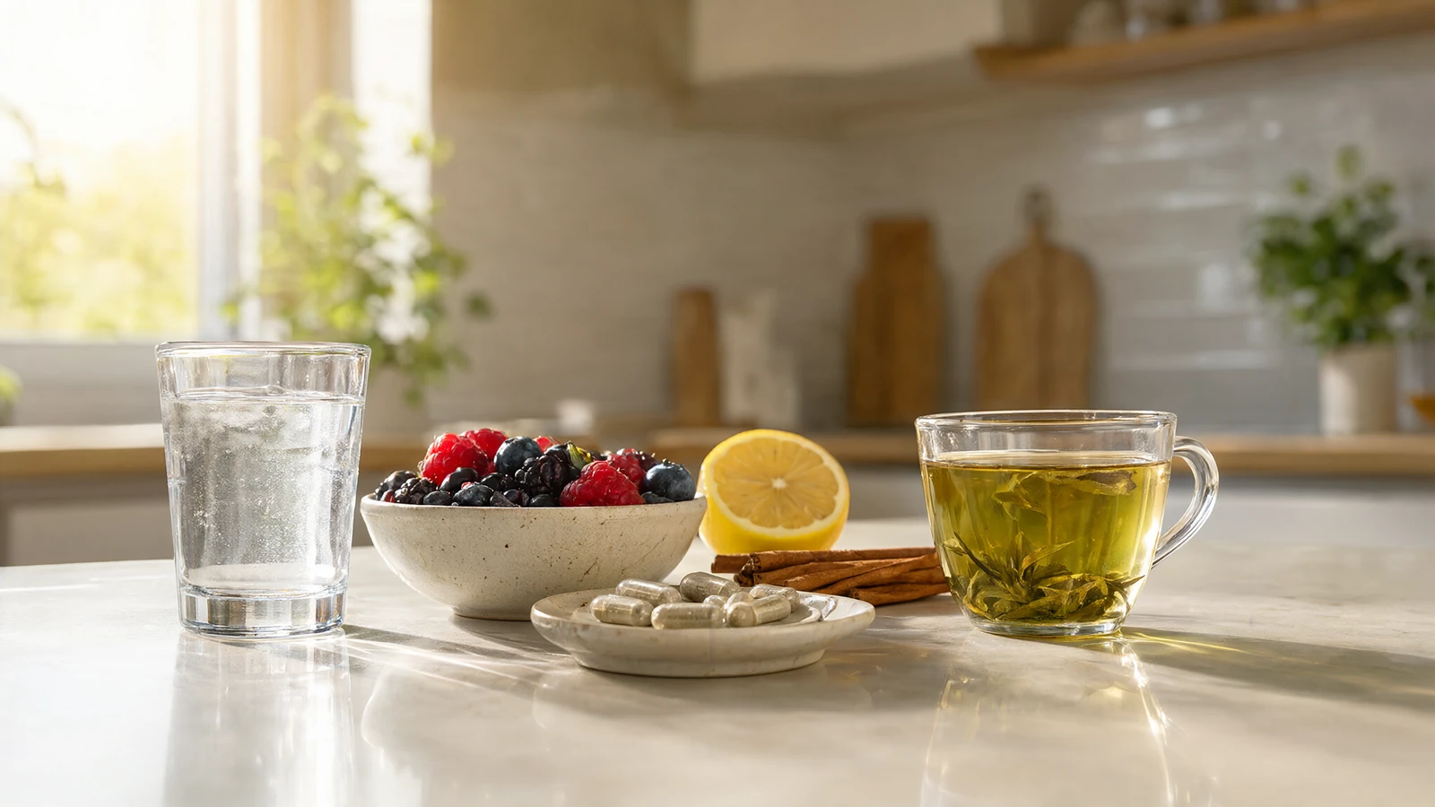 Dish of metabolism supplements in capsule form beside green tea, mixed berries, lemon and cinnamon on a kitchen benchtop
