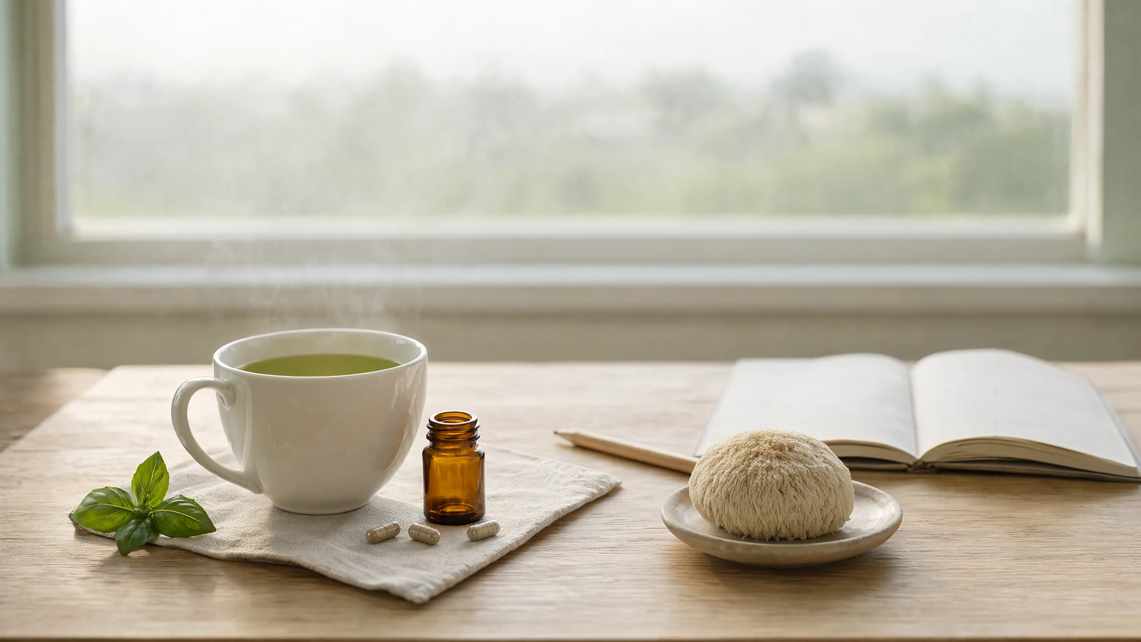 Best supplements for brain fog Australia: green tea, capsules, basil and lion's mane mushroom on a desk