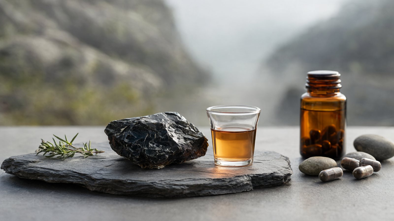 Fulvic acid benefits: raw shilajit resin on slate beside a glass of amber water and capsules