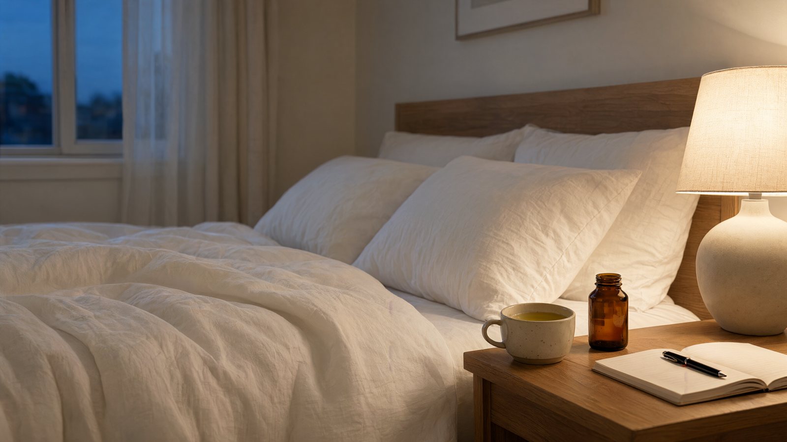 How to fall asleep faster: a calm lamplit bedroom with herbal tea and a notebook on the bedside table