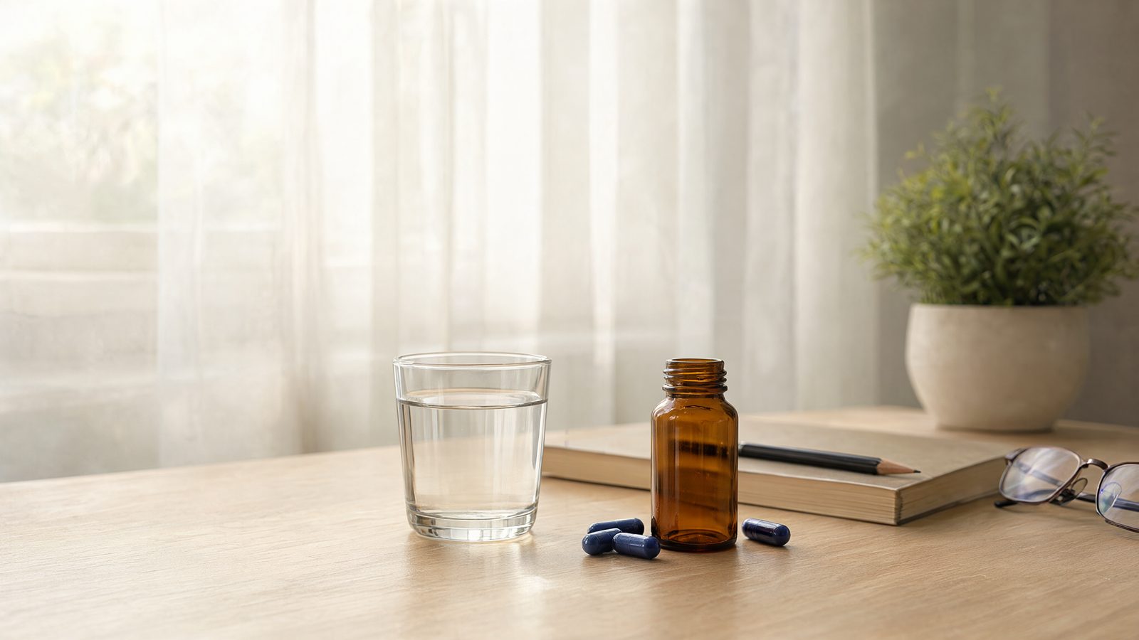 How to get rid of brain fog: a glass of water, supplement capsules, a notebook and reading glasses on a sunlit desk