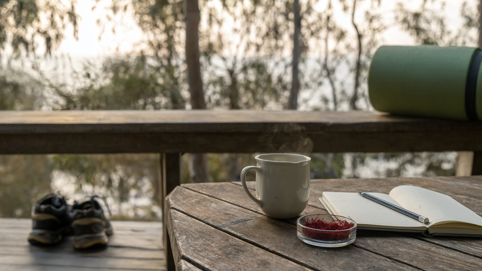 How to lower cortisol naturally: herbal tea, saffron threads, a notebook and a yoga mat on a sunrise verandah