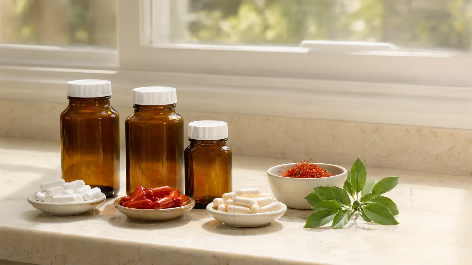 Life Extension Australia alternatives: three supplement bottles with magnesium, saffron and TMG capsules beside saffron threads