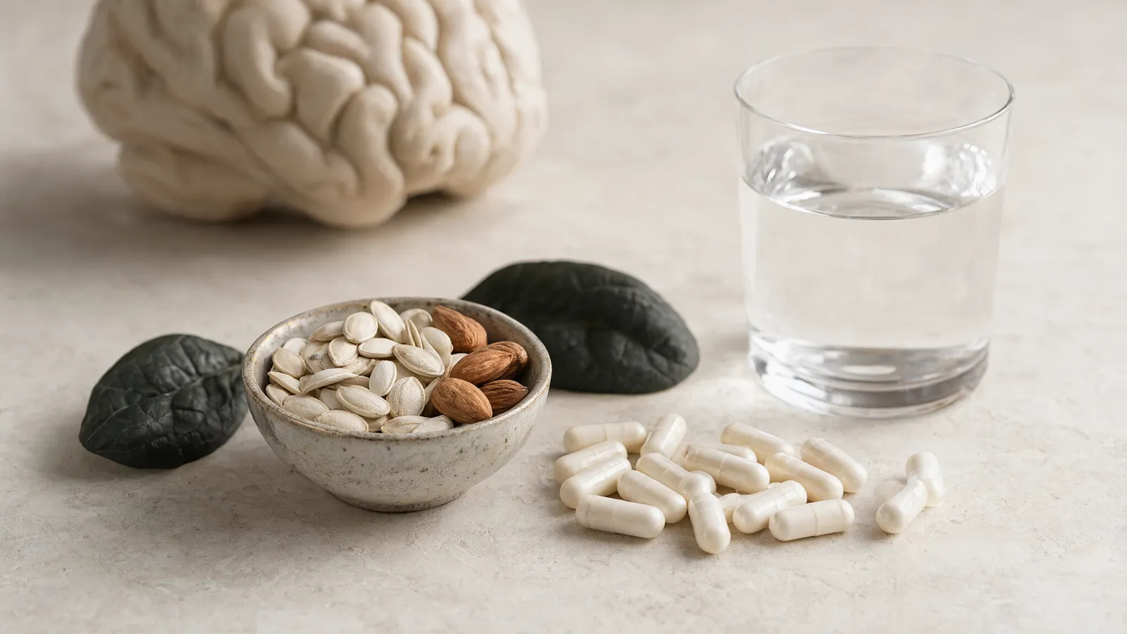 Magnesium for brain health: magnesium-rich seeds, almonds, leafy greens and capsules beside a brain model