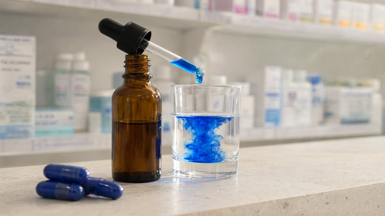 Methylene blue Chemist Warehouse alternative: blue capsules, a dropper bottle and blue drops in water on a bench