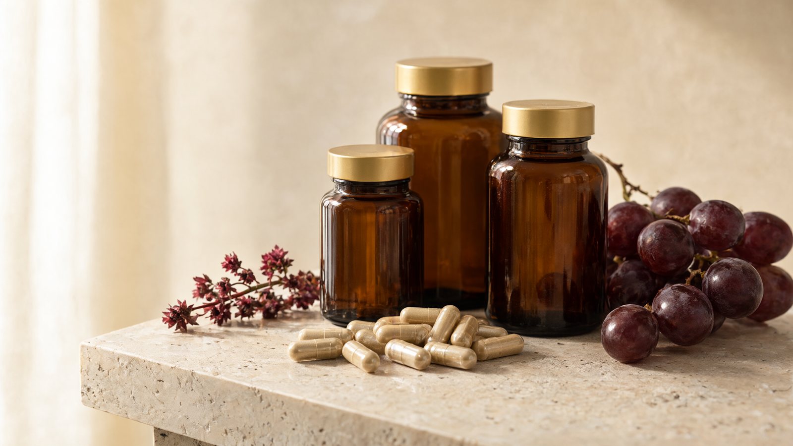 Nutricost Australia resveratrol alternatives: amber supplement bottles, capsules, grapes and Japanese knotweed