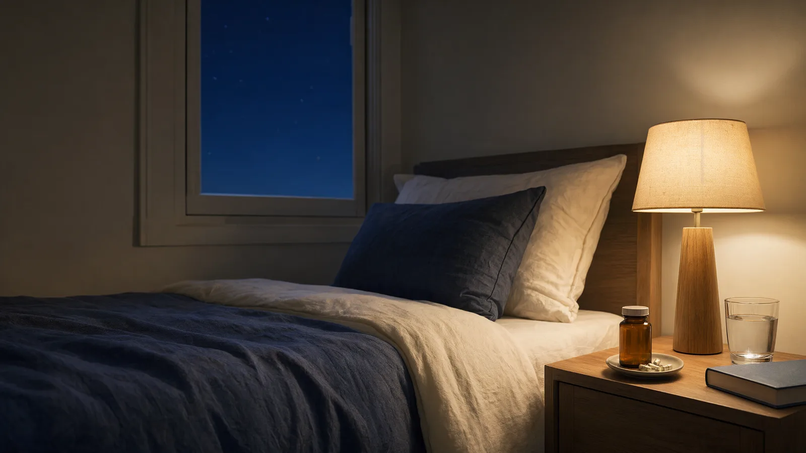 REM sleep vs deep sleep: a calm bedroom at night with a bedside lamp, supplement bottle, capsules and a glass of water
