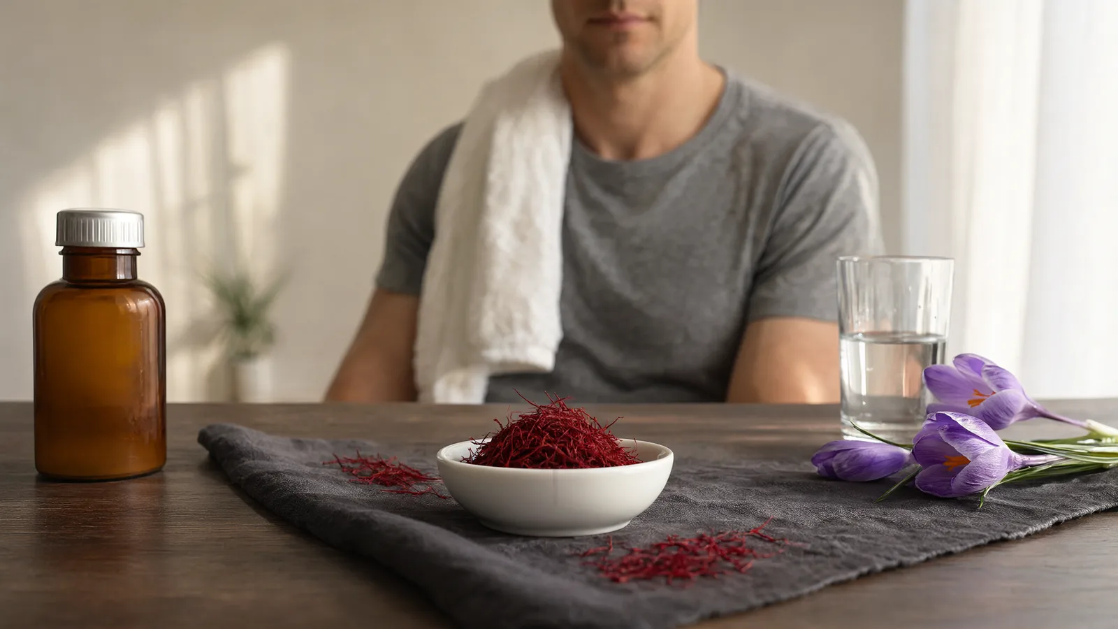 Saffron benefits for male health: saffron threads, crocus flowers and a capsule bottle on a table after a workout