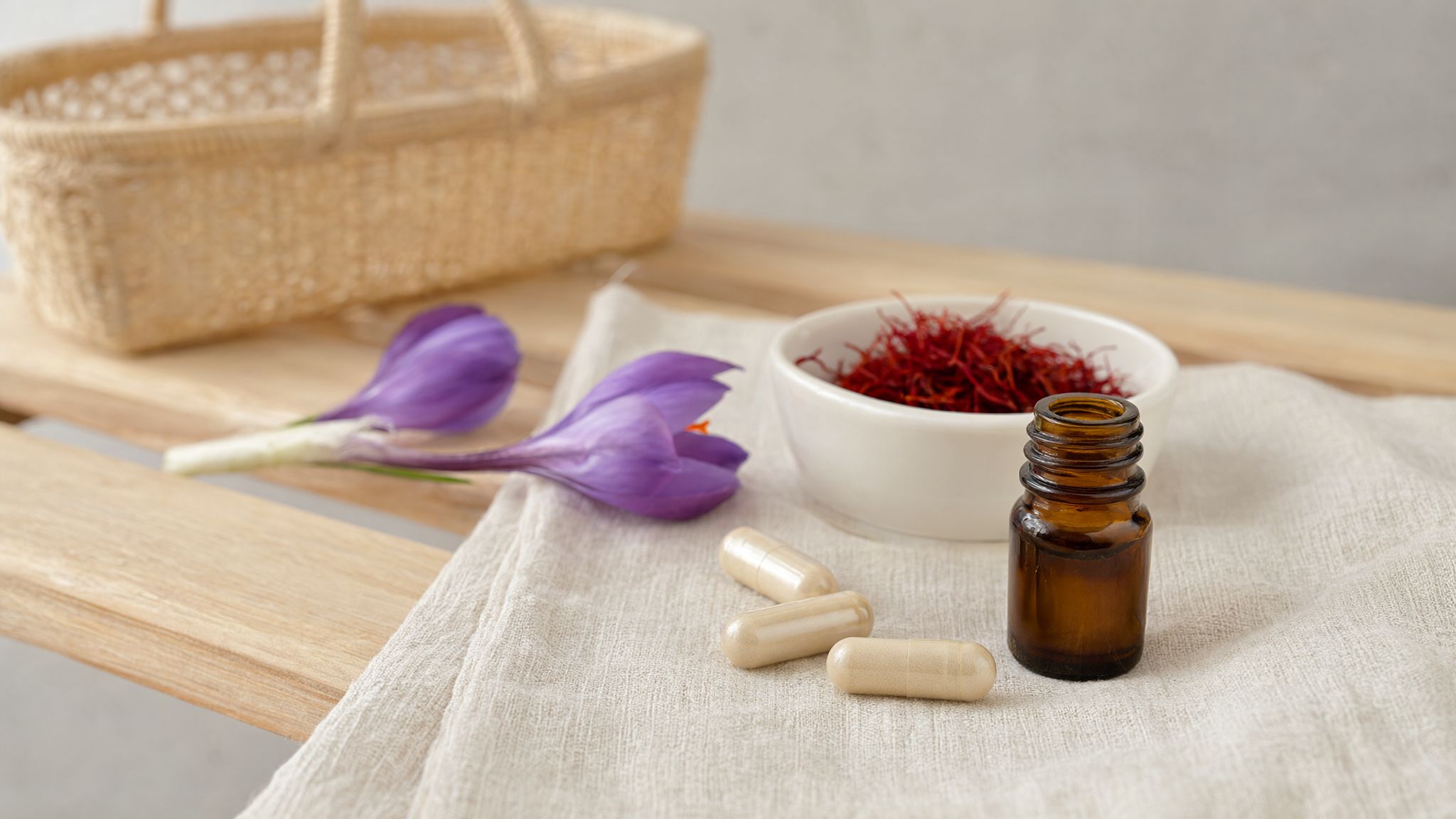 Saffron chemist warehouse guide: saffron threads, crocus flowers and supplement capsules on a linen cloth