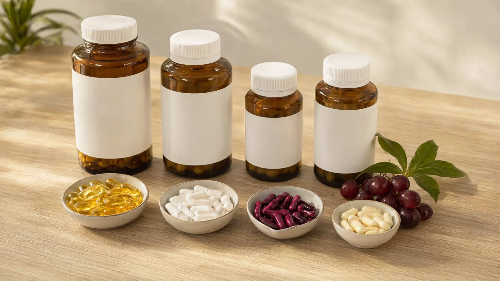 Thorne Australia alternatives: four supplement bottles with berberine, NR, resveratrol and glutathione capsules beside red grapes