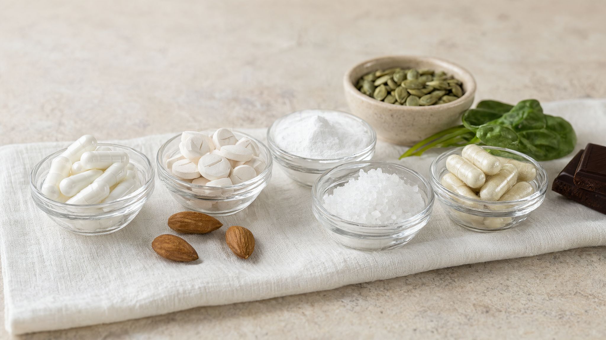 Types of magnesium compared: capsules, tablets, powder and bath salt crystals with pumpkin seeds, almonds and spinach