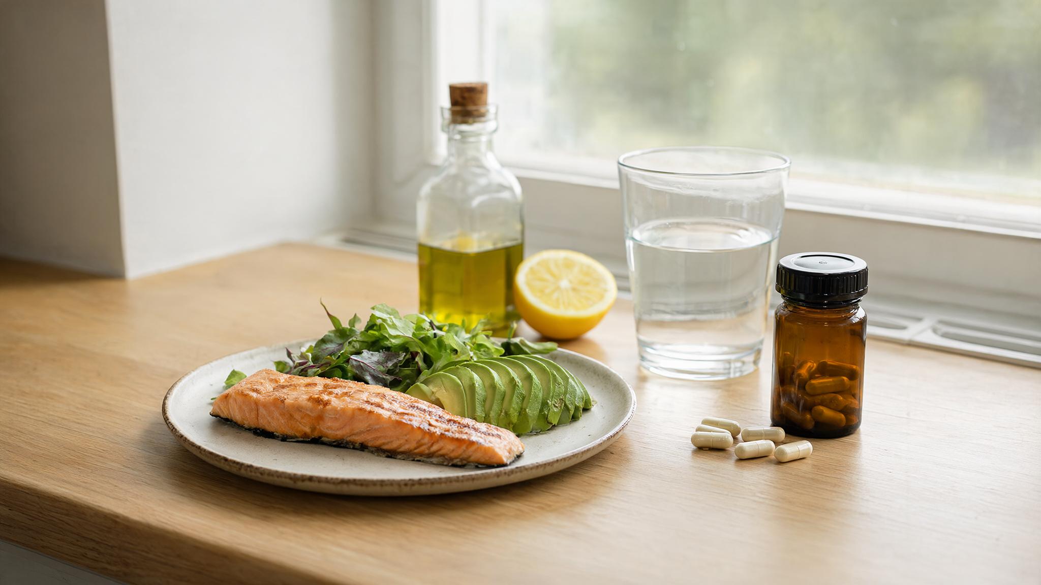 What is bile: a balanced meal of salmon, avocado and greens with olive oil, water and liver support capsules on a kitchen bench