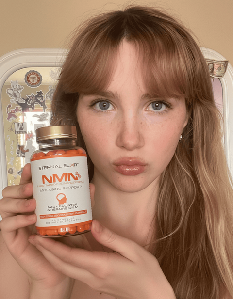 Person holding a bottle of Eternal Elixir NMN capsules