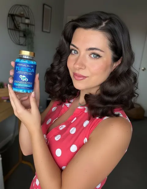 Person in a red polka-dot top holding an Eternal Elixir bottle